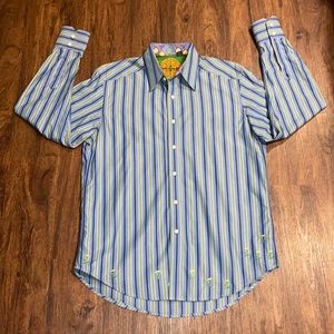 Robert Graham Long Sleeve Blue/Green Pinstriped Embroidered Flower Shirt-Sz M